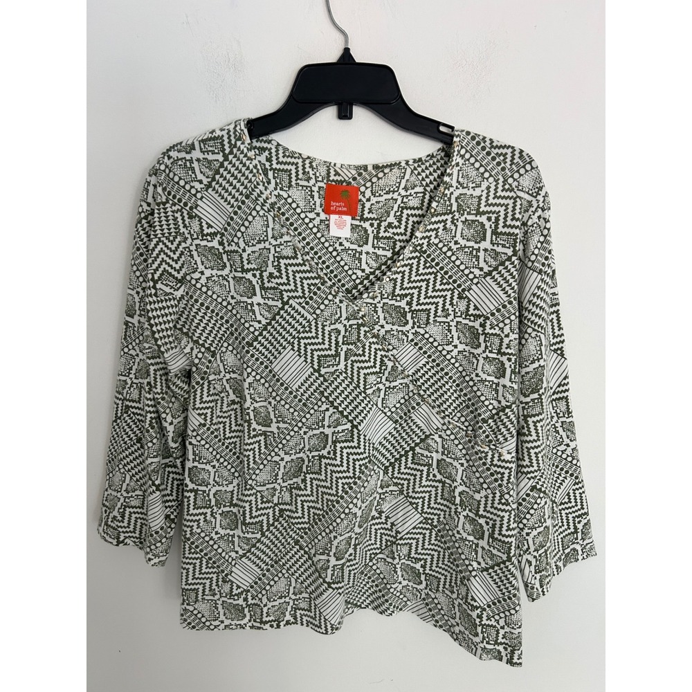 Hearts of Palm Olive Green White Tribal Print Studded V-Neck Blouse XL